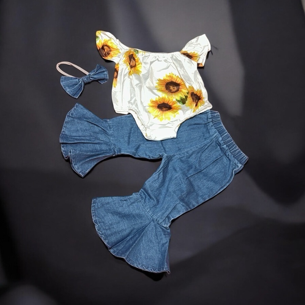 3 PC Blue Flared Denim Jeans Retro Style Baby Set